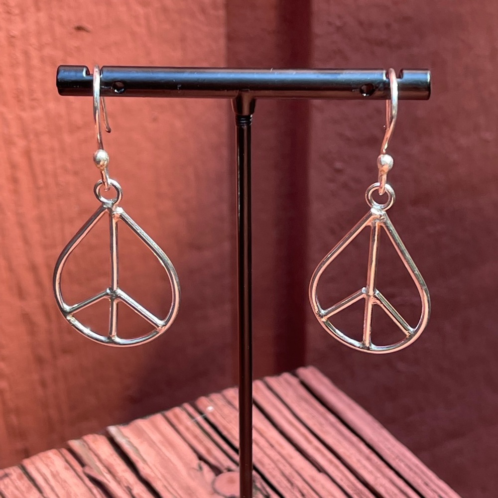 Groovy Solid Sterling Silver (.925) Teardrop Peace Sign Earrings